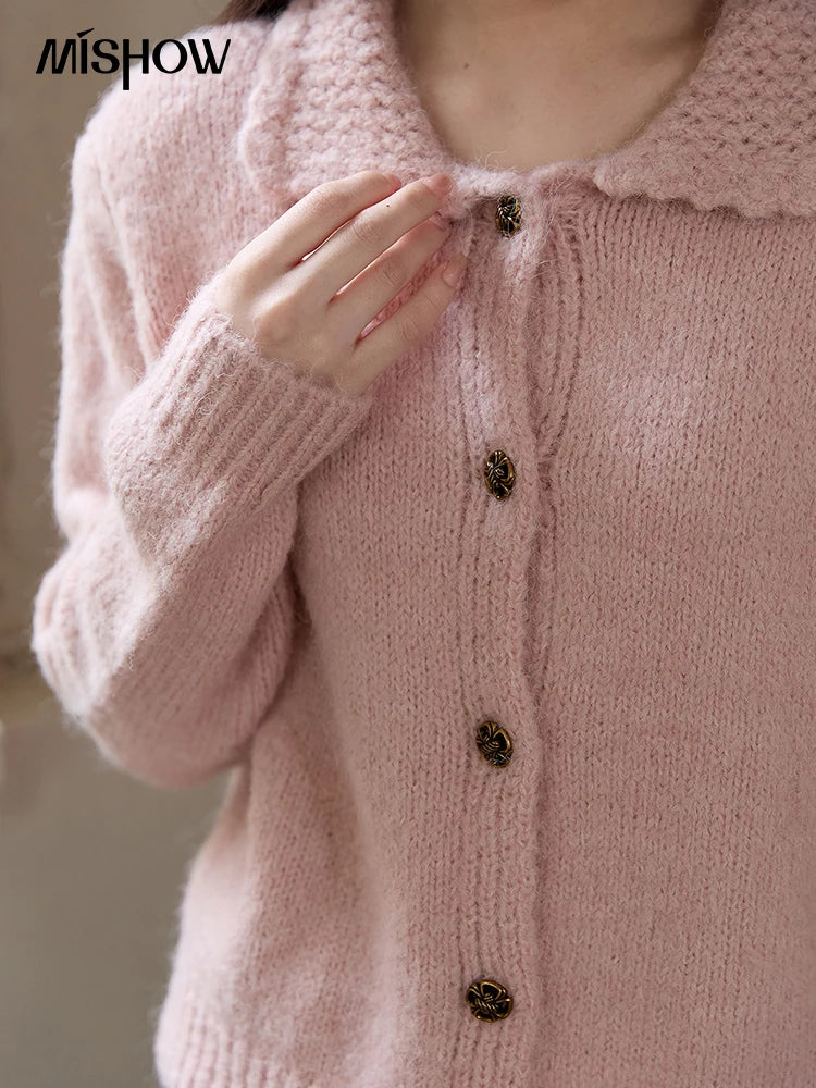 MISHOW Pink French Cardigan Women 2025 Autumn Winter New Sweet Turn-down Collar Single-breasted Loose Knit Sweater MXE48Z2569