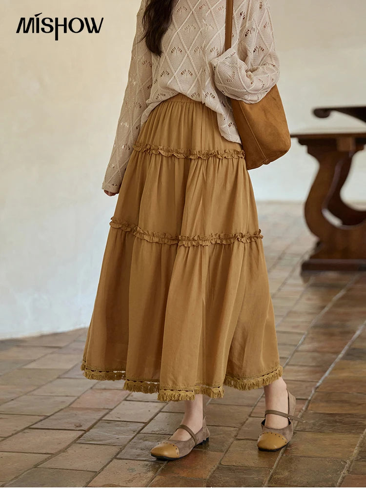 MISHOW Retro Orange 100 Lyocell Skirt 2025 Autumn Black Fungus Edge A-line Skirts Elastic High Waist Hem Tassel Skirt MXE42B2386