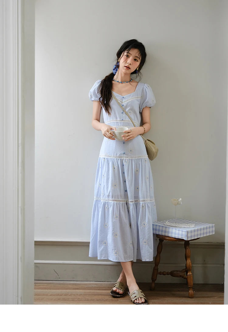 Mishow French Sweet Flower Embroidery Puff Sleeve Dress MXE35L2271