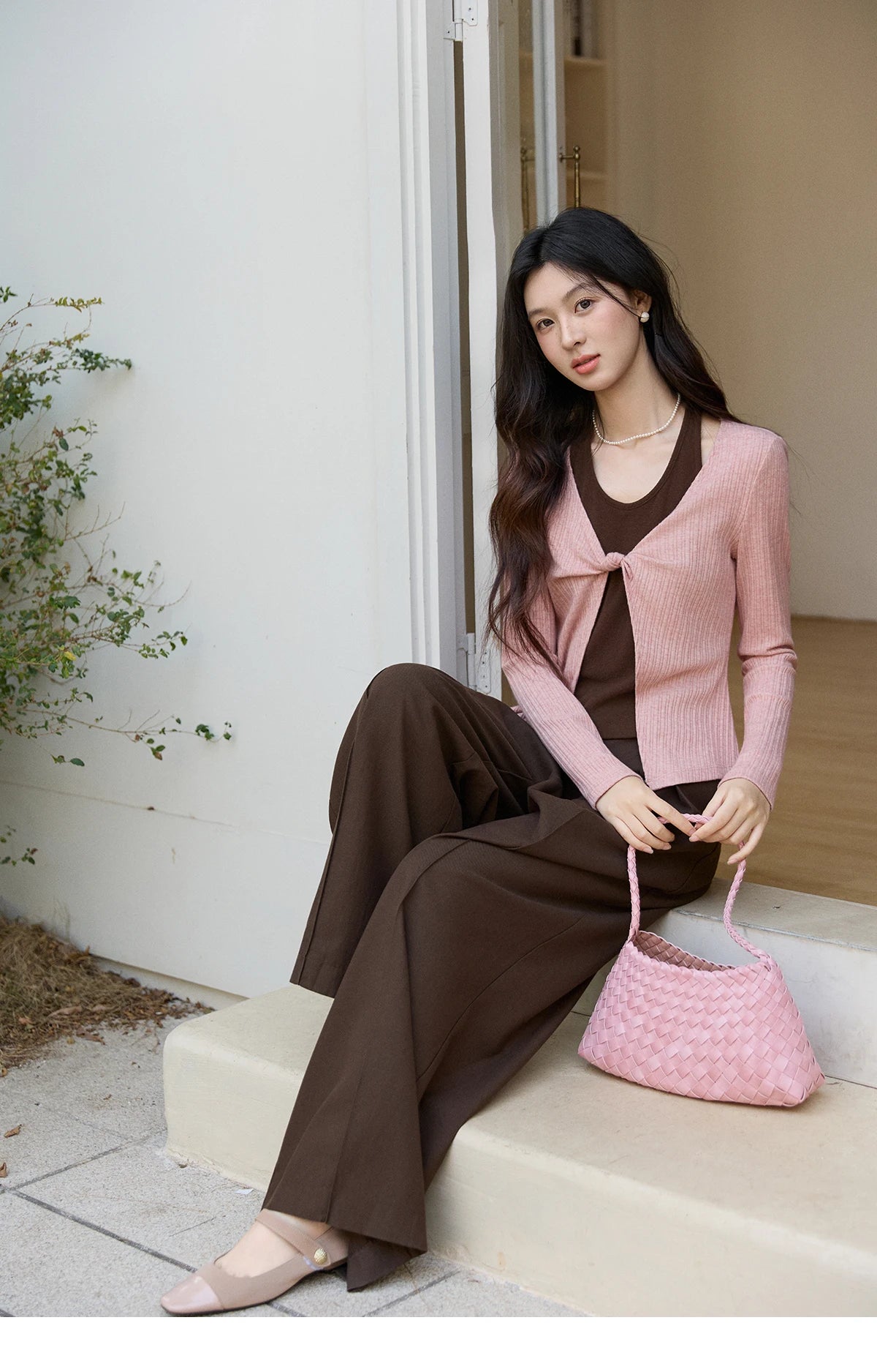 MISHOW Women's Pink Brown Fake Two-Piece Top 2026 Spring Ribbed Knit Knot Front Thin Top U-Neck Long Sleeve Slim Tops MXF11Z2912