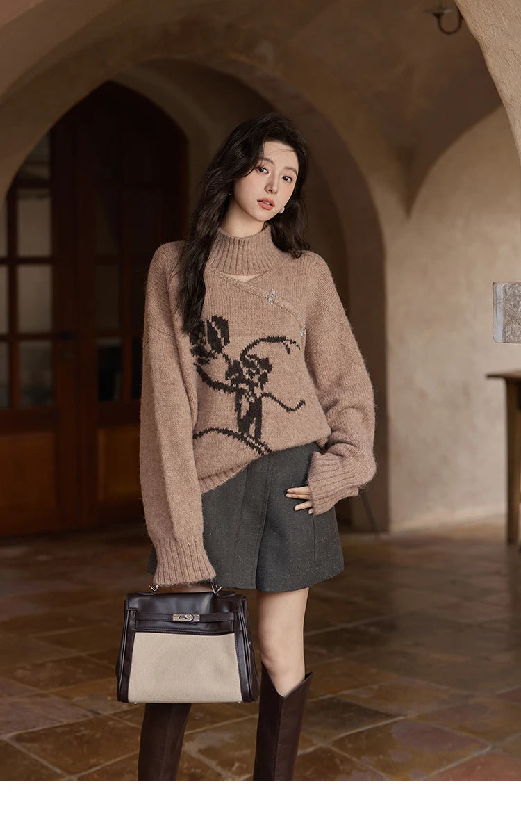MISHOW Chinese Hollow Out Sweaters for Women 2024 Autumn Winter Loose Casual Design Sweet Floral Knitted Pullovers MXD36Z0888