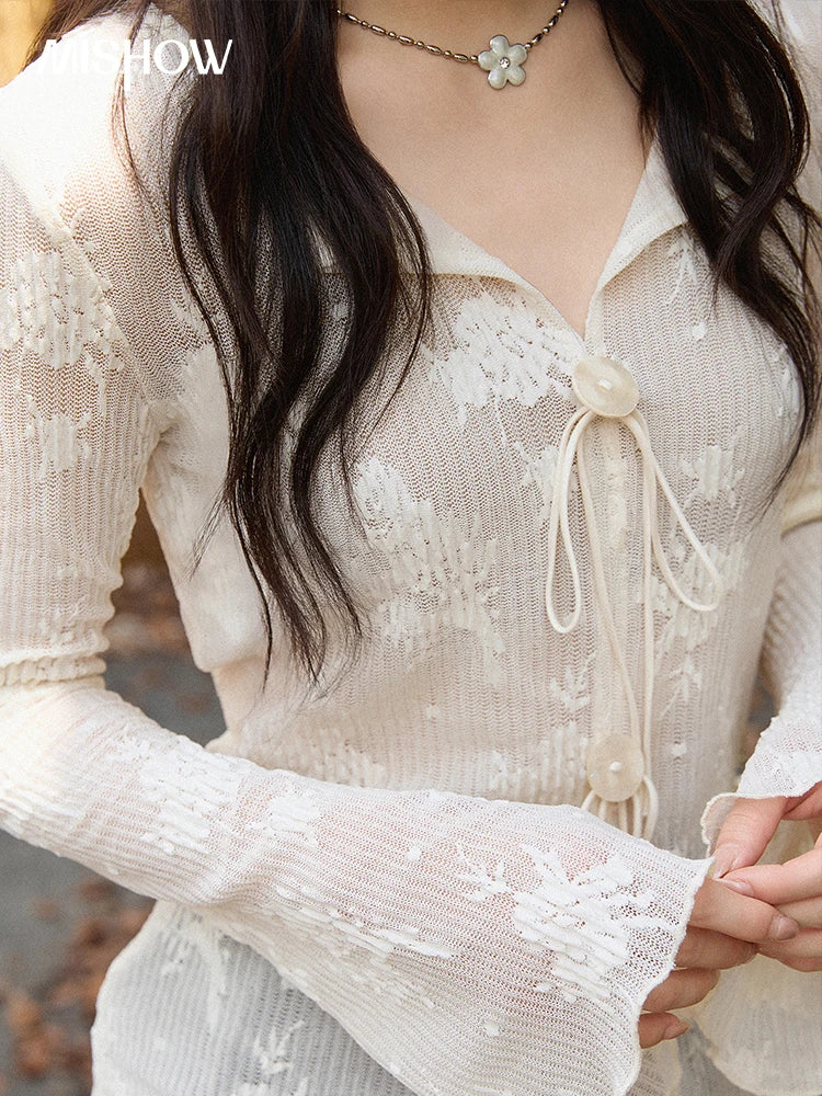 MISHOW White Shirt Women 2025 Autumn New French Romantic Sexy Slim Flared Sleeves Top Commute Luxury Lace Shirt  MXE49X2511