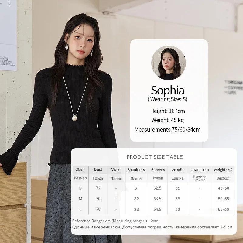 MISHOW Women's Long Sleeve Top 2025 Autumn New Casual Solid Turtleneck Slim Knit Wood Ear Edge Trumpet Sleeve Top MXE51Z2552