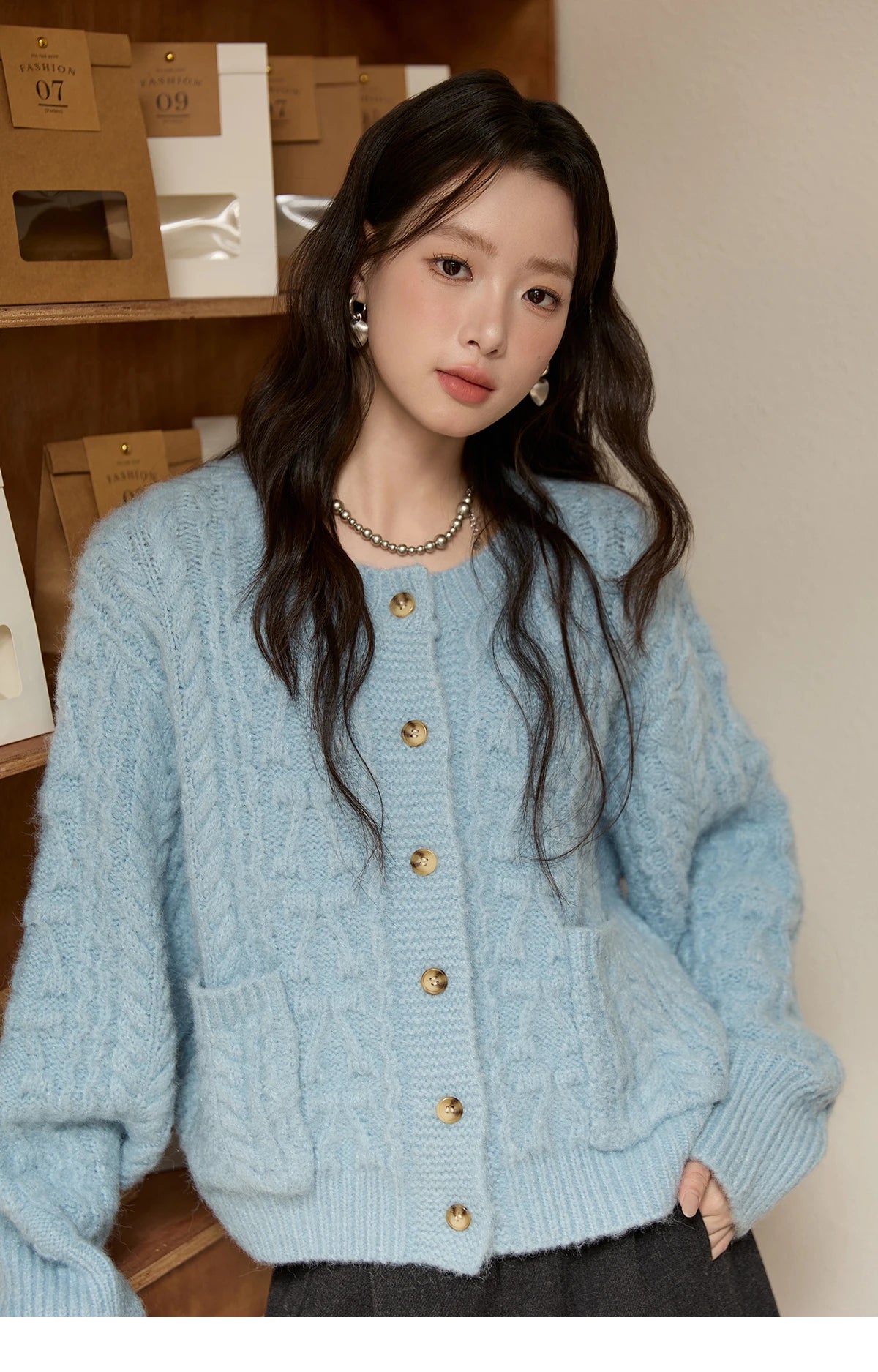 MISHOW Cardigan Women 2025 Autumn Winter Fashion Light Blue Retro Crew Neck Knitted Sweater Casual Loose  Pocket Top MXE49Z2614