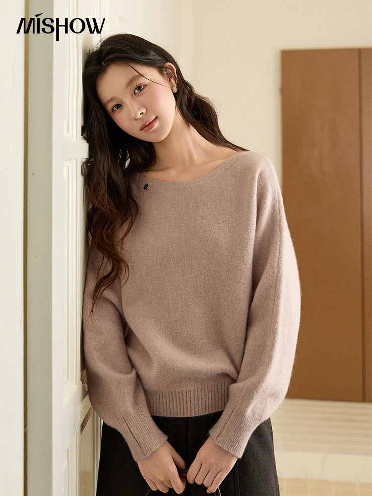 MISHOW Women's Solid Knitted Sweater 2025 Autumn Winter Boat Neck Lantern Sleeve Loose Sweater Soft Warm Pullover Top MXE94Z2984