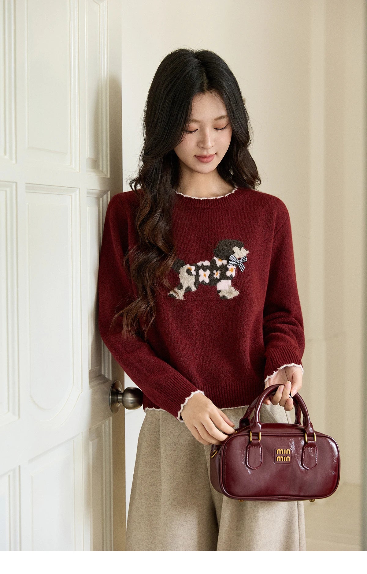 MISHOW Women's Burgundy Knitted Sweater 2025 Winter Poodle Pattern Ruffled Trim Crew Neck Sweater Warm Pullover Tops MXE93Z2949