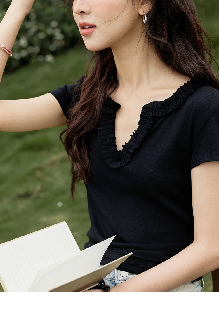 MISHOW Casual Summer T-shirts Women New 2025 Short Sleeve V-neck  Solid Straight Shoulder Slimming Shirt Female Thin MXE35T0562