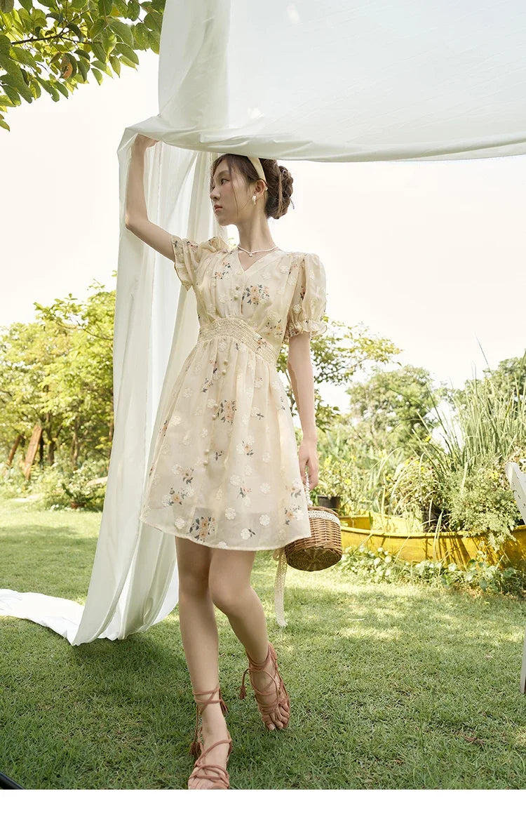 MISHOW Women's Chiffon Dress 2025 Summer French Elegant Floral Embroidered A-LINE V-Neck Sweet Knee-Length Dresses MXC38L1424