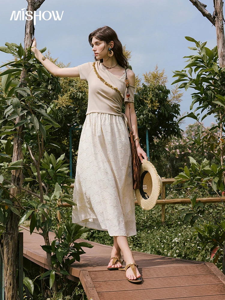 MISHOW Holiday Summer Dresses Women New 2025 Short Sleeve Off-shoulder Knitted Patchwork Midi Dress Female Slimming MXE33L2207