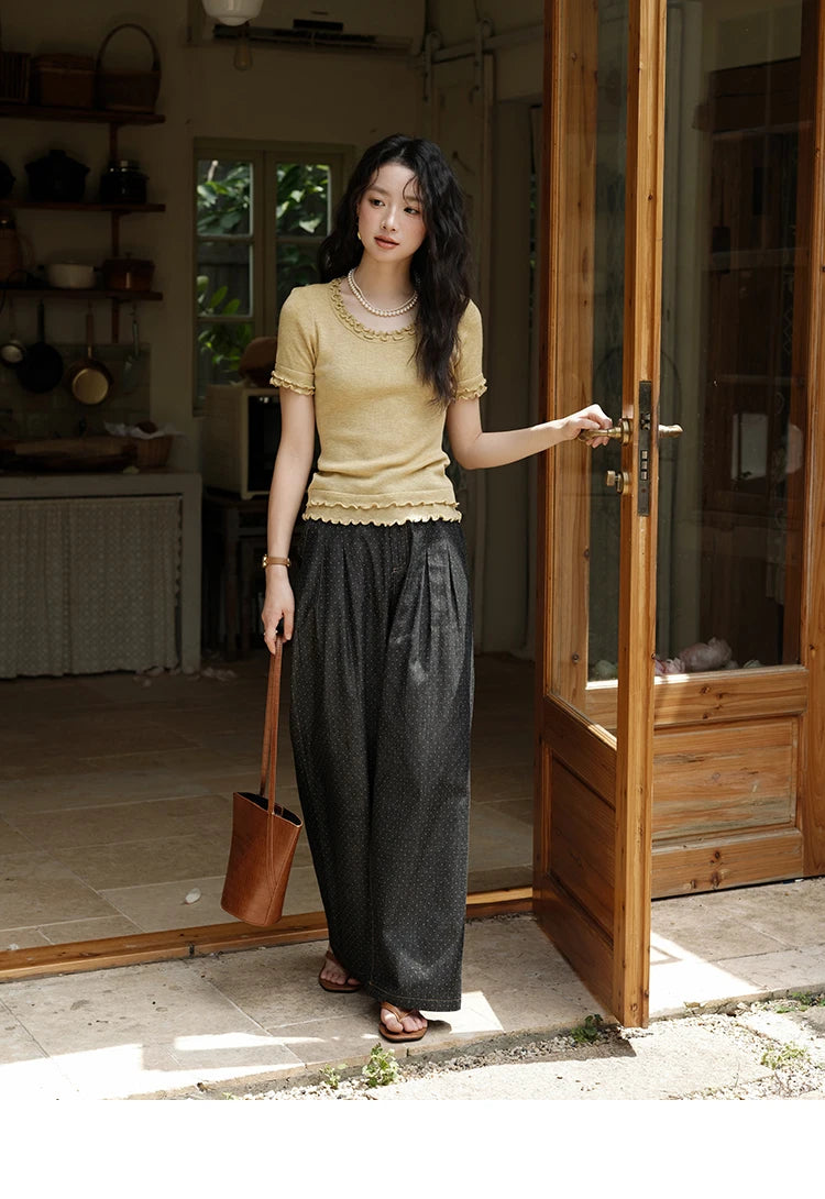 MISHOW Women's Round Neck Knit T-shirt Summer 2025 Fashion Ear Edge Short Top Casual Short Sleeve Tee Female Clothing MXE32Z1233