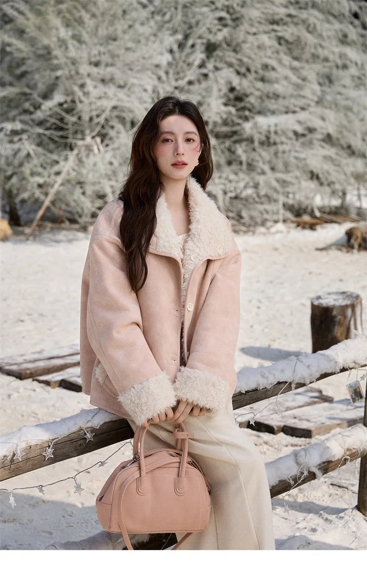 MISHOW Women's Double Sided Wearing Jacket 2025 Winter Lamb Wool Lapel Coat Warm Windproof Commuter Coat with Pockets MXE91W1015