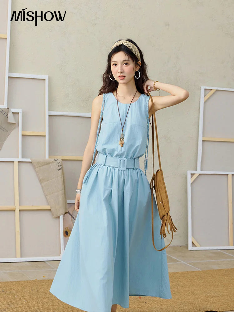 MISHOW Women's Vest Dress 2025 Summer Hand Woven Fried Dough Twists Waist Belt Slim Long Dress A-line Vacation Dress MXE34L2223