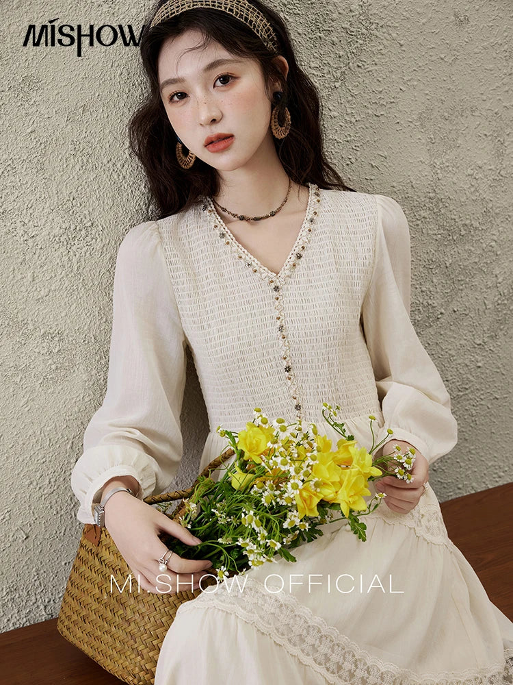 MISHOW Apricot Vacation Dress for Women Spring 100 Cotton Splicing Lace Retro Dress V-neck Waist Slim Long Dresses MXE16L2168