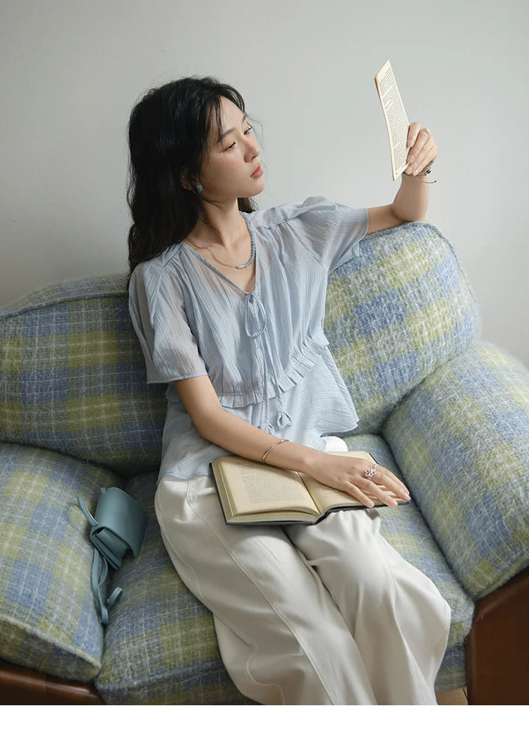 MISHOW Women's Fashion V-neck Blouse Summer 2025 New Splicing Button Commut Ladies Lace Up Casual Short Sleeve Top MXE34X1821