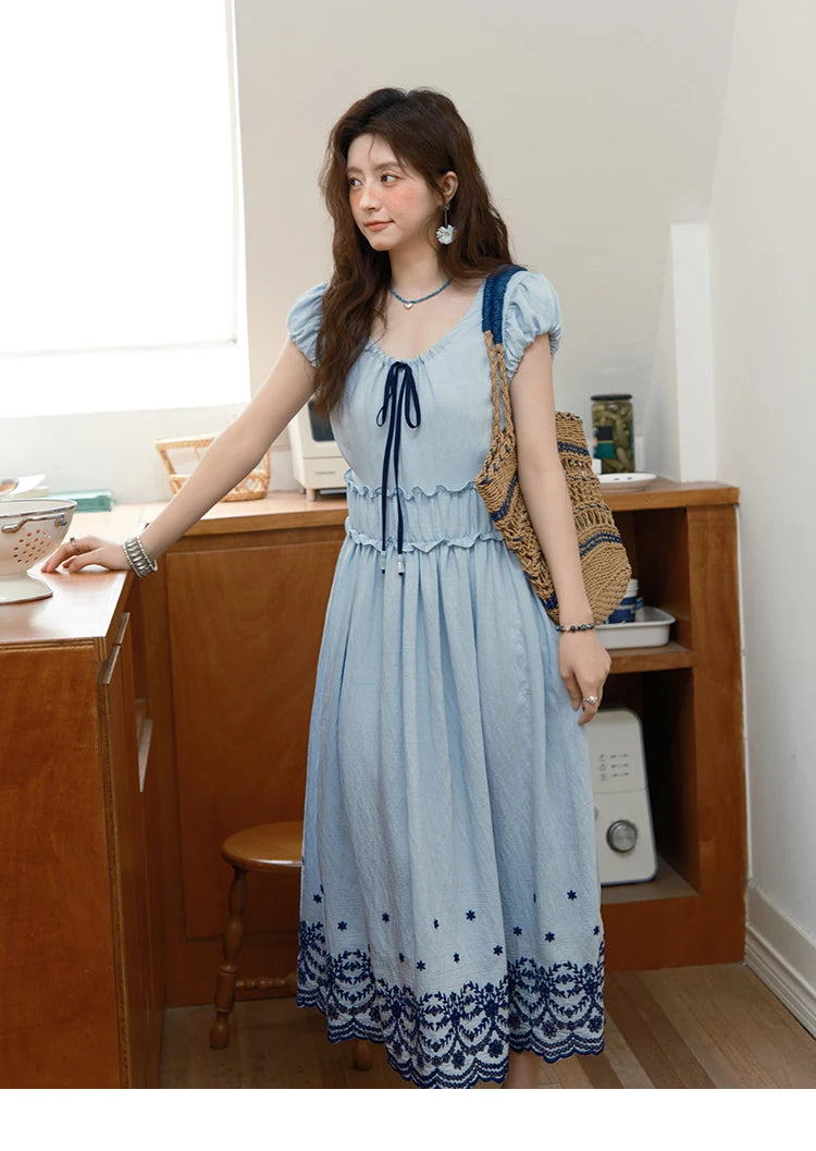 MISHOW Women's Bohemian Embroidery Dress 2025 Summer Ladies Fashion V-neck Lace Up Flower Bud Sleeve Blue Long Dress MXE36L2244