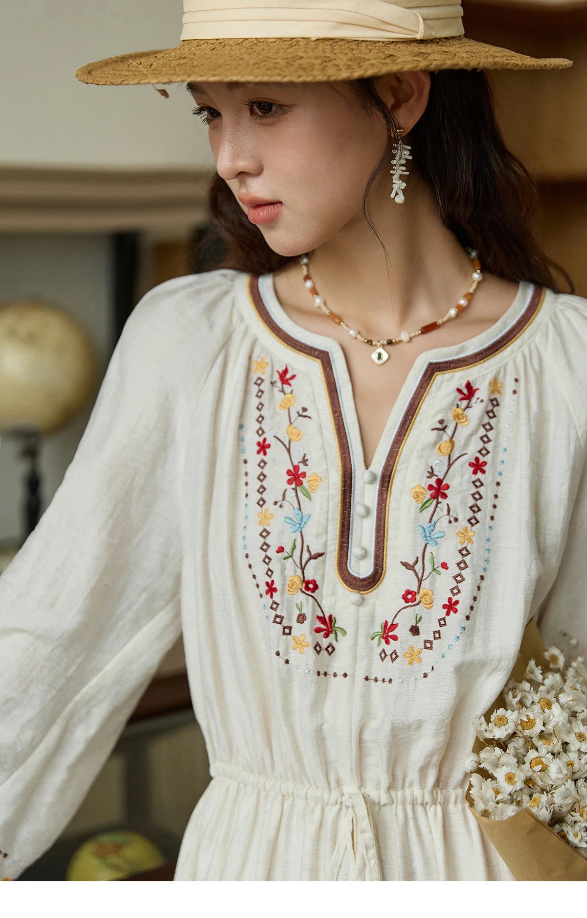 MISHOW Woman Long Sleeve Dress Autumn Elegant V-neck Embroidered Drawstring Waist Dress A-line Bohemian Midi Dresses MXE44L2489