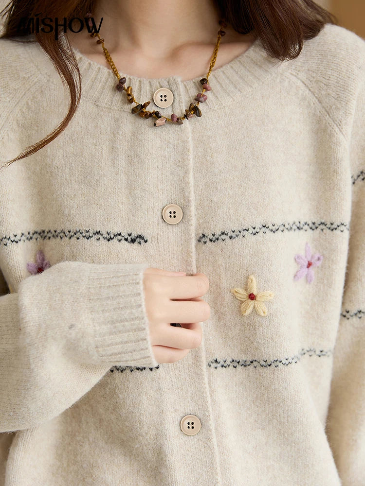 MISHOW Women Cardigan Long Sleeve 2025 Autumn Winter Flower Embroidered Knitted Cardigan Commute Loose Blue Knit Top MXE46Z2581