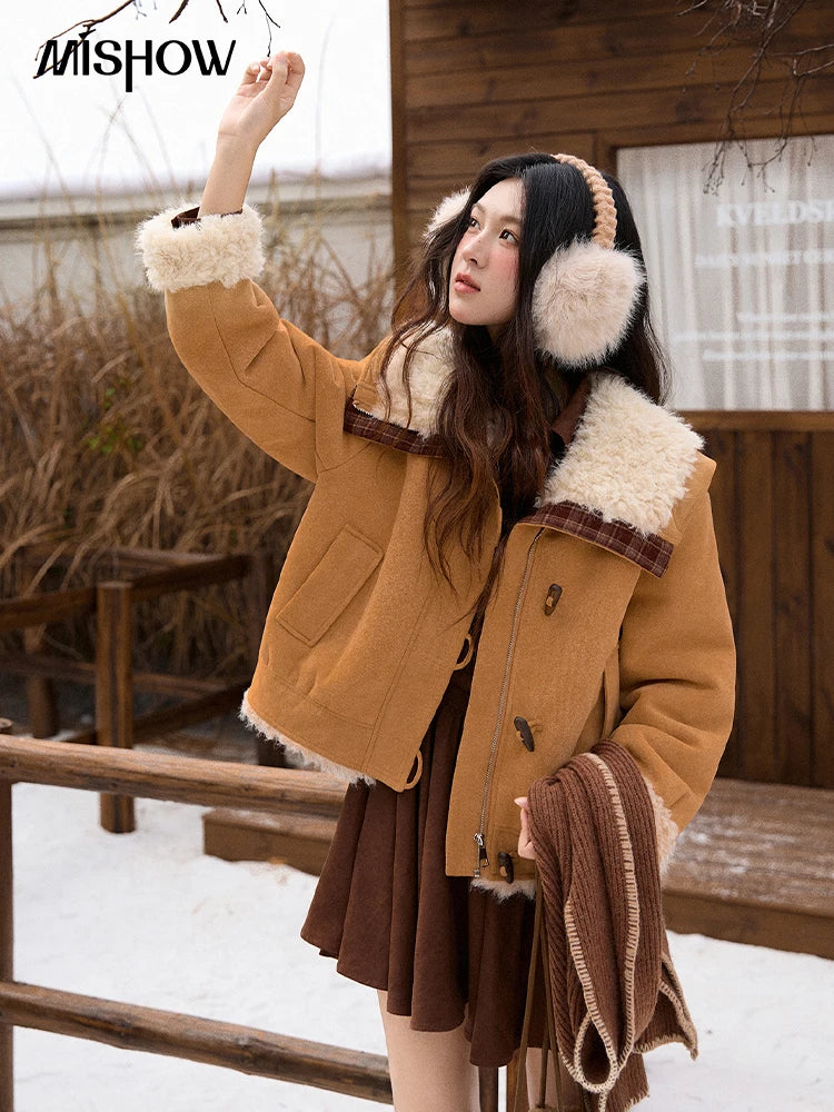 MISHOW Fur One-piece Lamb Wool Coat Winter 2025 Bull Horn Buckle Single Row Buckle Coats Wide Lapel Thickened Jacket MXE91W1002