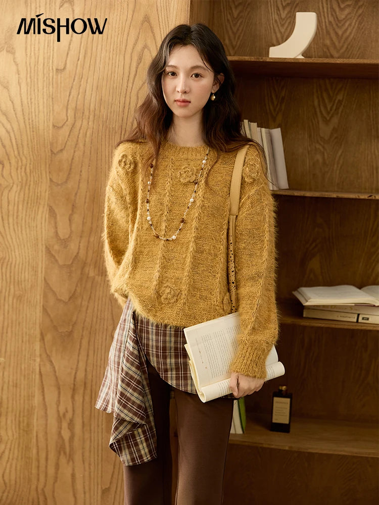 MISHOW Pretty Women's Sweaters  2025 Autumn Retro Yellow 3D Rose Embroidery Loose Casual Tops Long-sleeved Pullover  MXE47Z2563