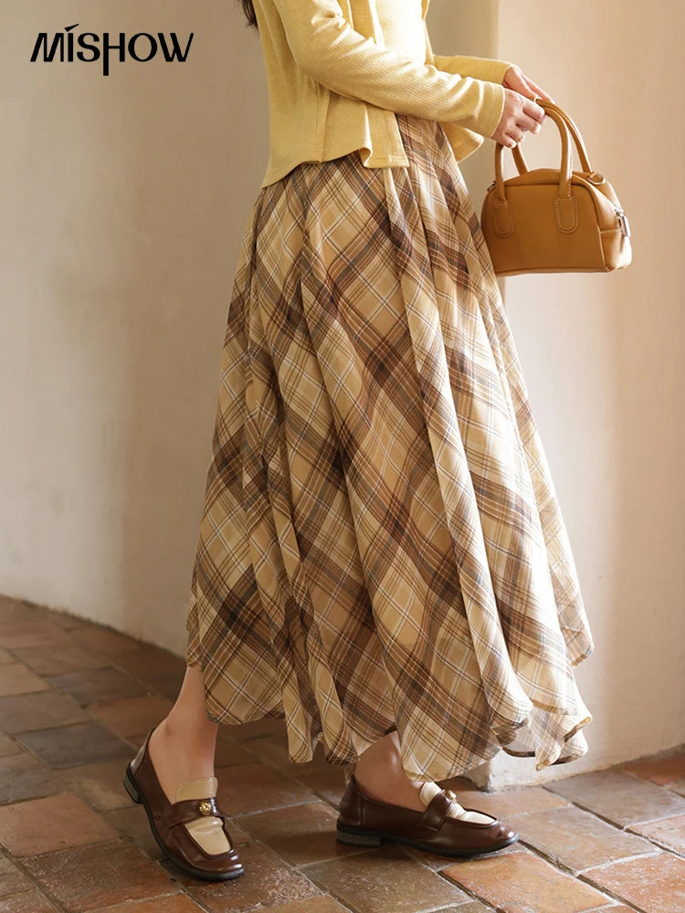 MISHOW Coffee Plaid Skirt 2025 Autumn Asymmetrical Hem Skirts Female Retro Side Zipper Commuting A-line Midi Skirt MXE42B2377
