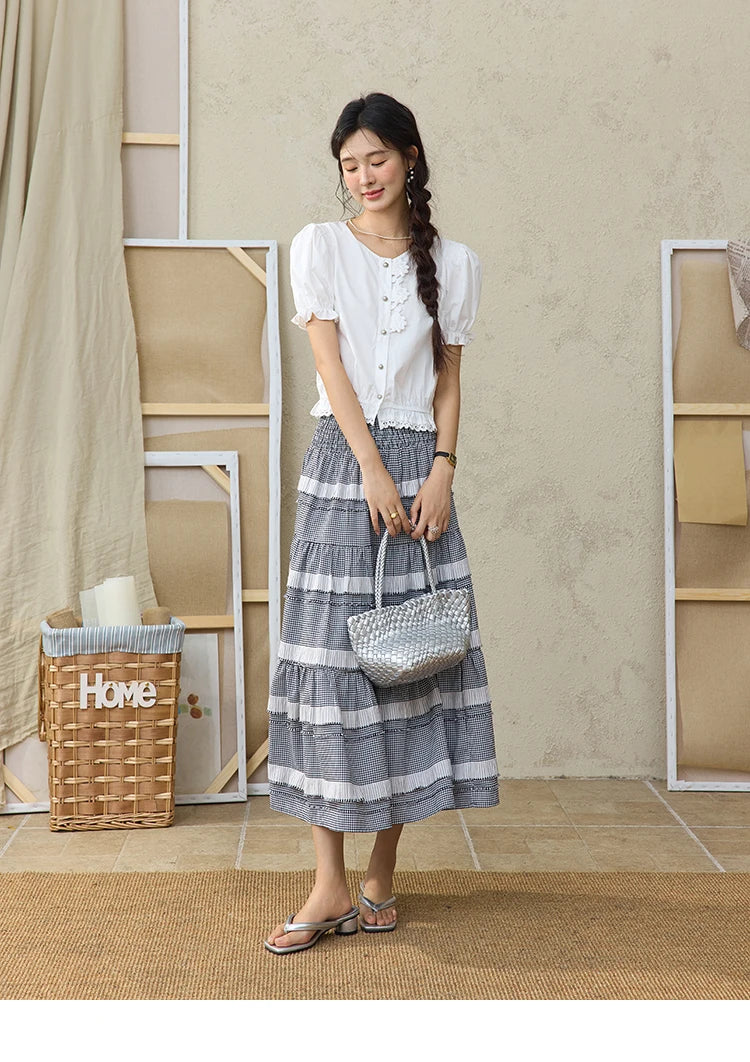 MISHOW Sweet Lace Pufff Sleeve Shirt Summer 2025 Flower Single Breasted Buttons Short Shirts Hem Elastic Waist Tops MXE34X1820