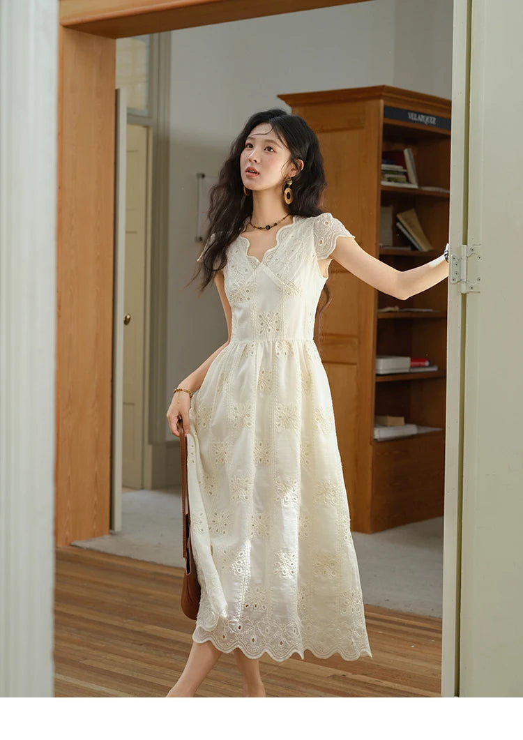 MISHOW Women's Flying Sleeve V-neck Hollow Dress 2025 Summer Embroidery A-line Dress Seaside Vacation Long Dresses MXE39L2404