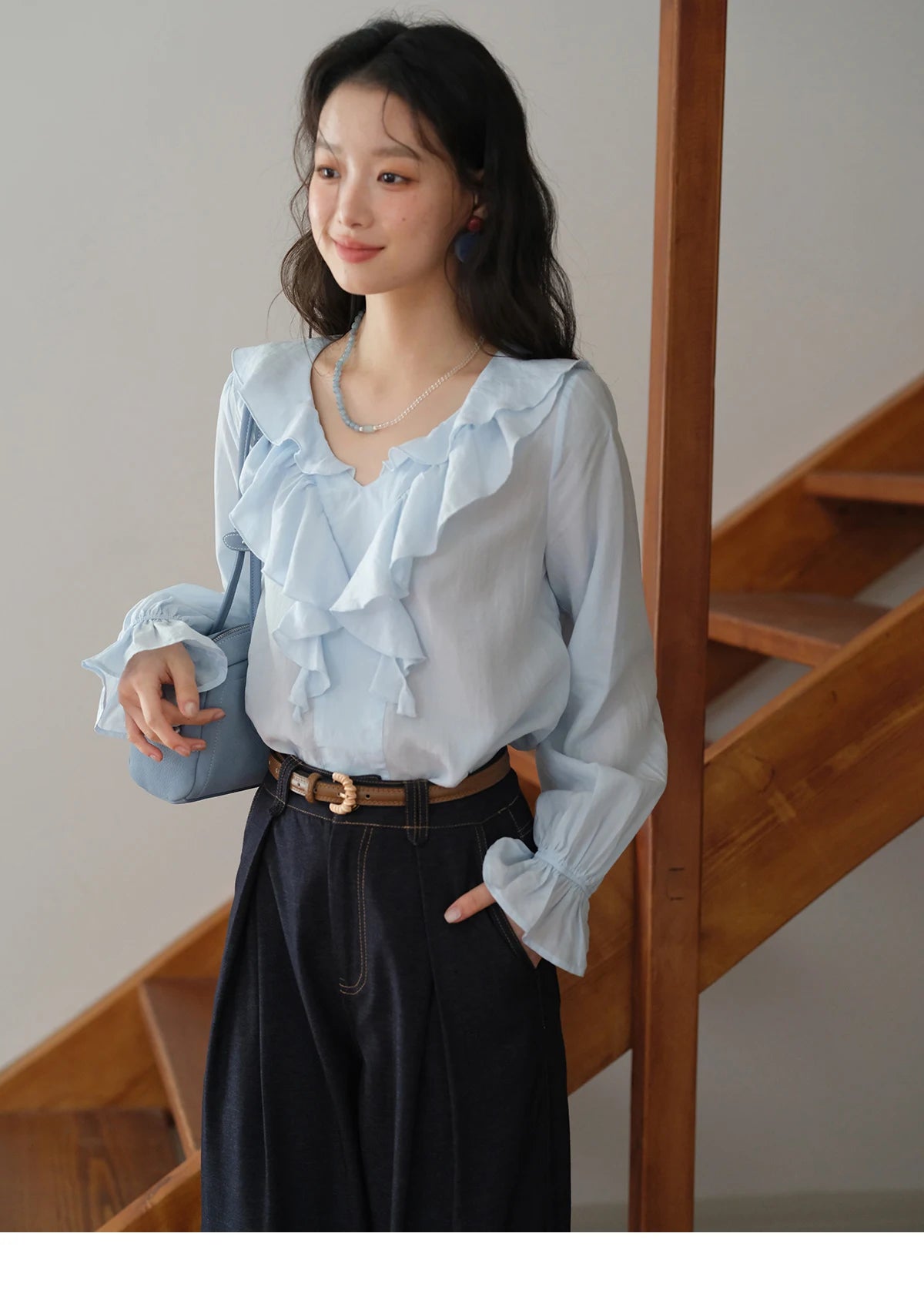 MISHOW Blue Lyocell Ruffled Shirt 2025 Autumn V-neck Flared Sleeves V-neck Shirts Commuting Elegant Versatile Tops MXE41X1969