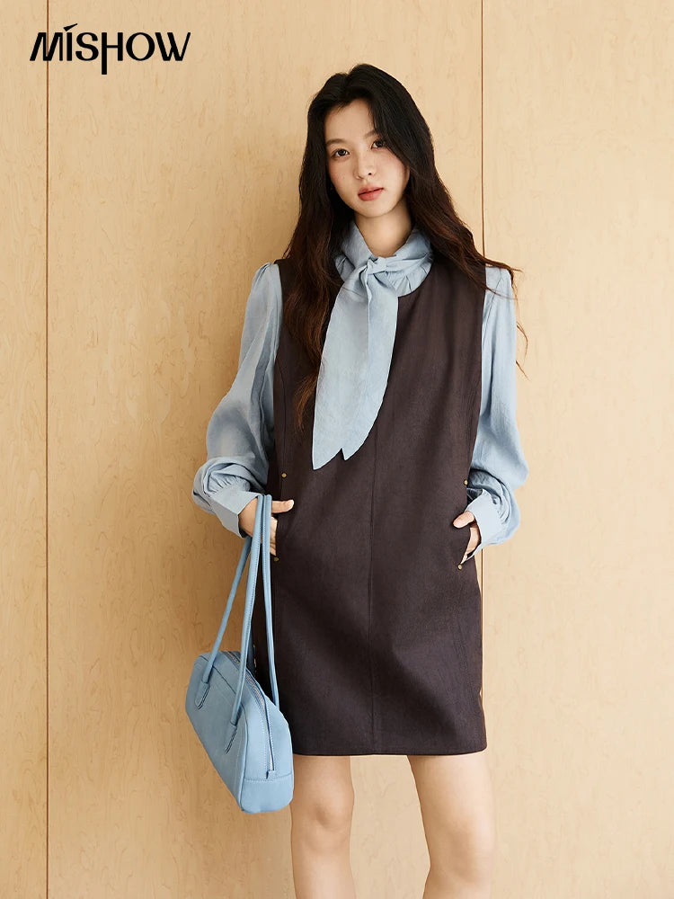 MISHOW Woman Two-piece Set 2025 Autumn College Style Light Blue Shirt Dark Brown Vest Skirt Suit Woman Clothes MXE47T1408
