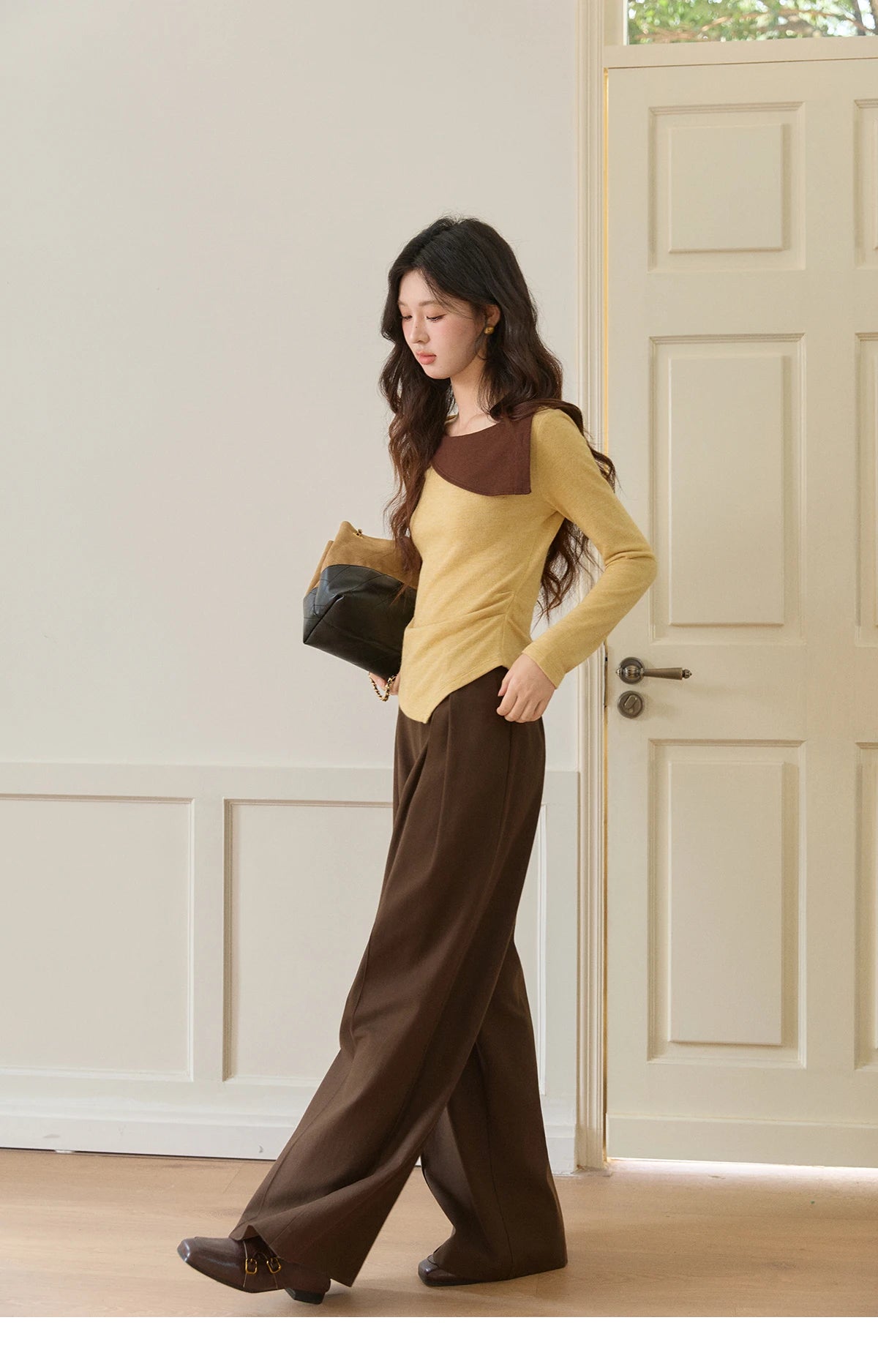 MISHOW Women's Yellow Brown Irregular Top 2026 Spring Contrast Color Oblique Collar Long Sleeve Casual Knitted Tops MXF11Z2911