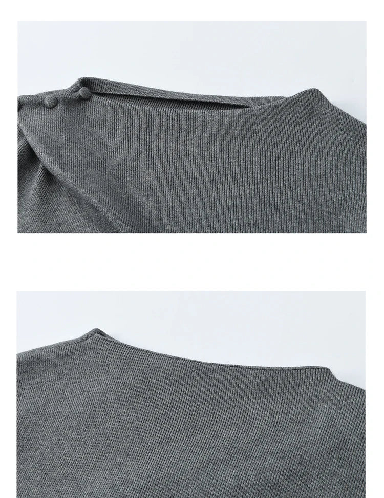 MISHOW Woman Gray Top 2025 Autumn French-style Diagonal Placket Knit Sweater Casual High-end Loose Pullover Woman MXE86Z2744