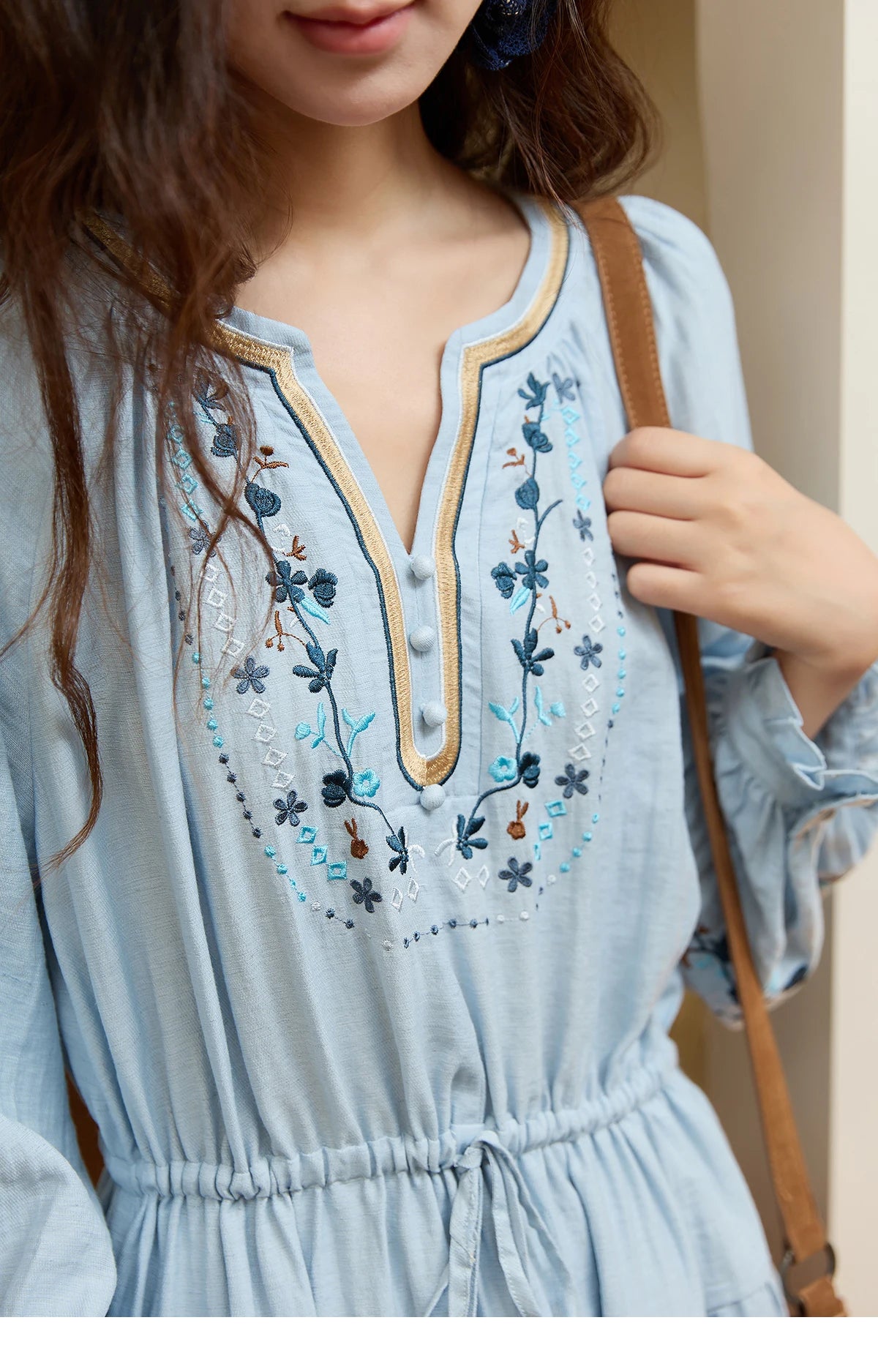 MISHOW Woman Long Sleeve Dress Autumn Elegant V-neck Embroidered Drawstring Waist Dress A-line Bohemian Midi Dresses MXE44L2489