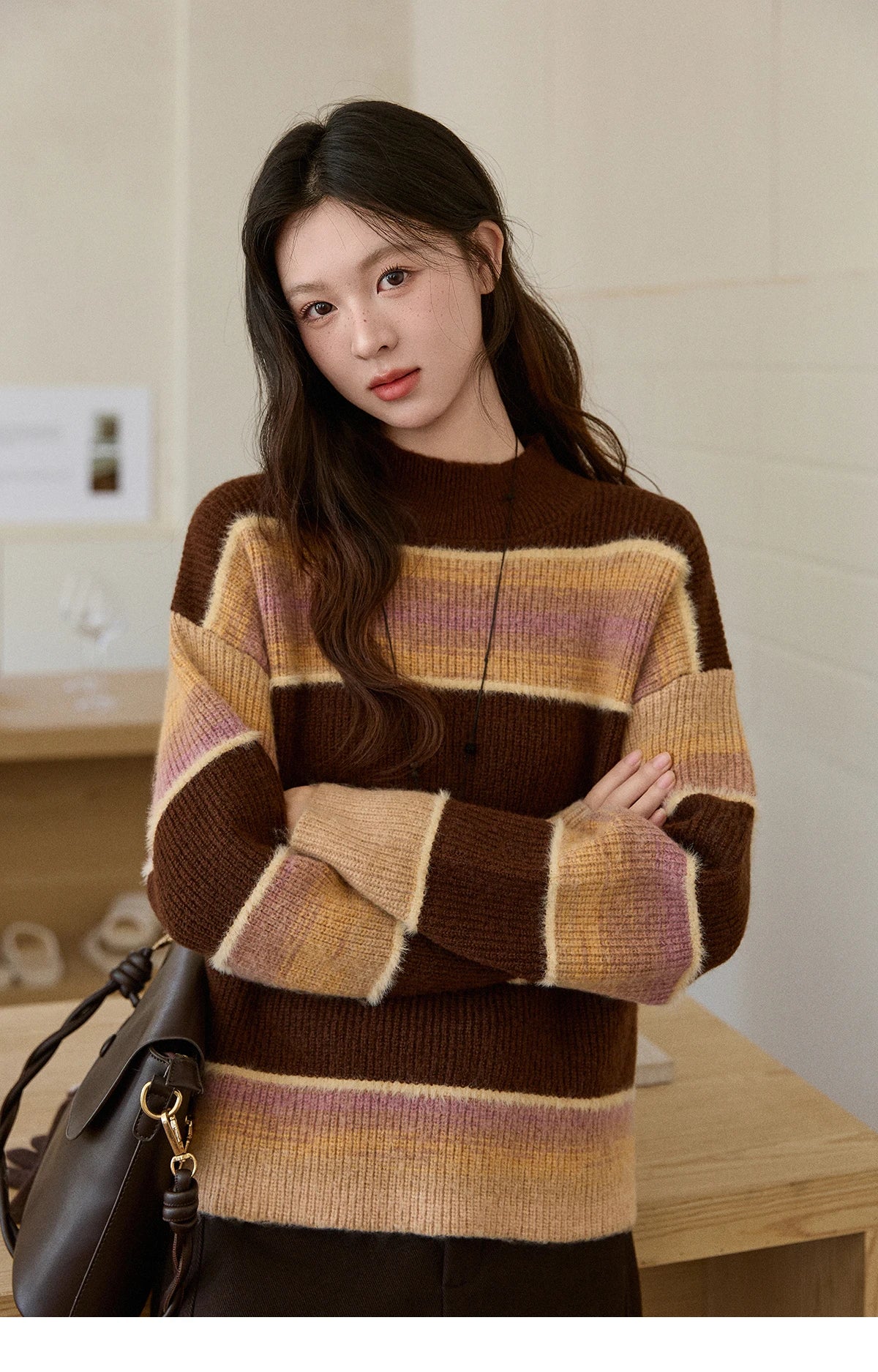 MISHOW Women's French Striped Gradient Sweater 2025 Winter Faux Mink Fleece Sweater Thick Casual Warm Knitted Top MXE94Z2891