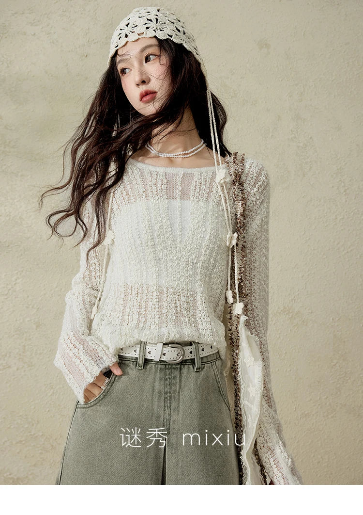 MISHOW Women 's Apricot White Hollow Knitted Sweater Spring 2025 Mohair Cover Drop Sleeve Top Strapless Slim Tube Top MXE12Z1120