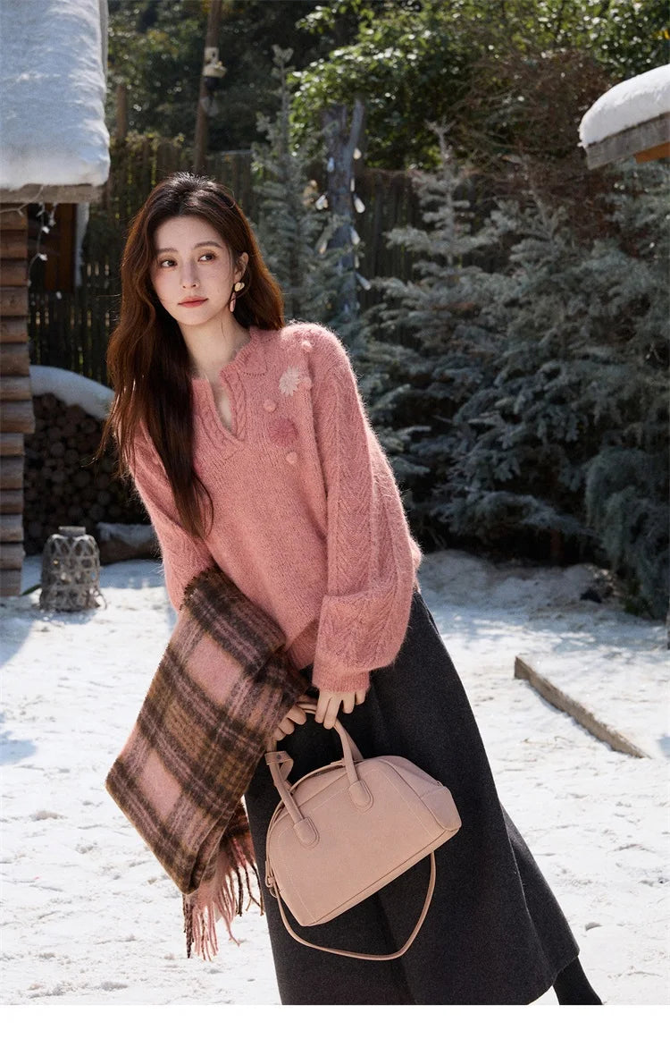 MISHOW Women's Raspberry Pink Wool Blend Sweater 2025 Winter French Floral Pom-Pom Embroidered V-Neck Knitted Top MXE86Z2740