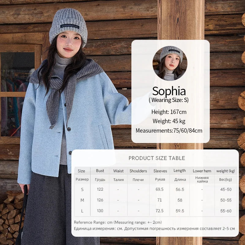 MISHOW Woman Blue Wool Coat with Shawl 2025 Winter Elegant Fashion Crew Neck Single-breasted Short Loose Thick Coat MXE87W0943