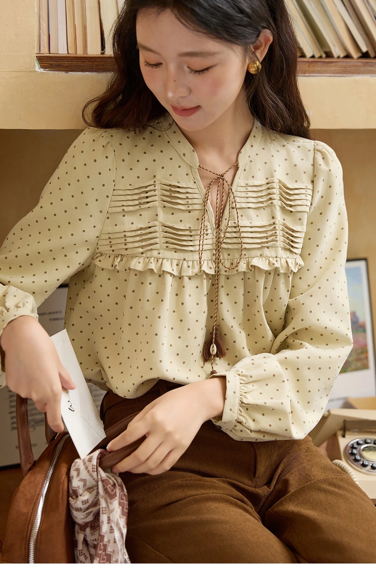 MISHOW Women's Polka Dot Ruffled Shirt 2025 Autumn Vintage Tie Tassel Round Neck Long-Sleeve Top Loose Casual Blouse MXE45X2477