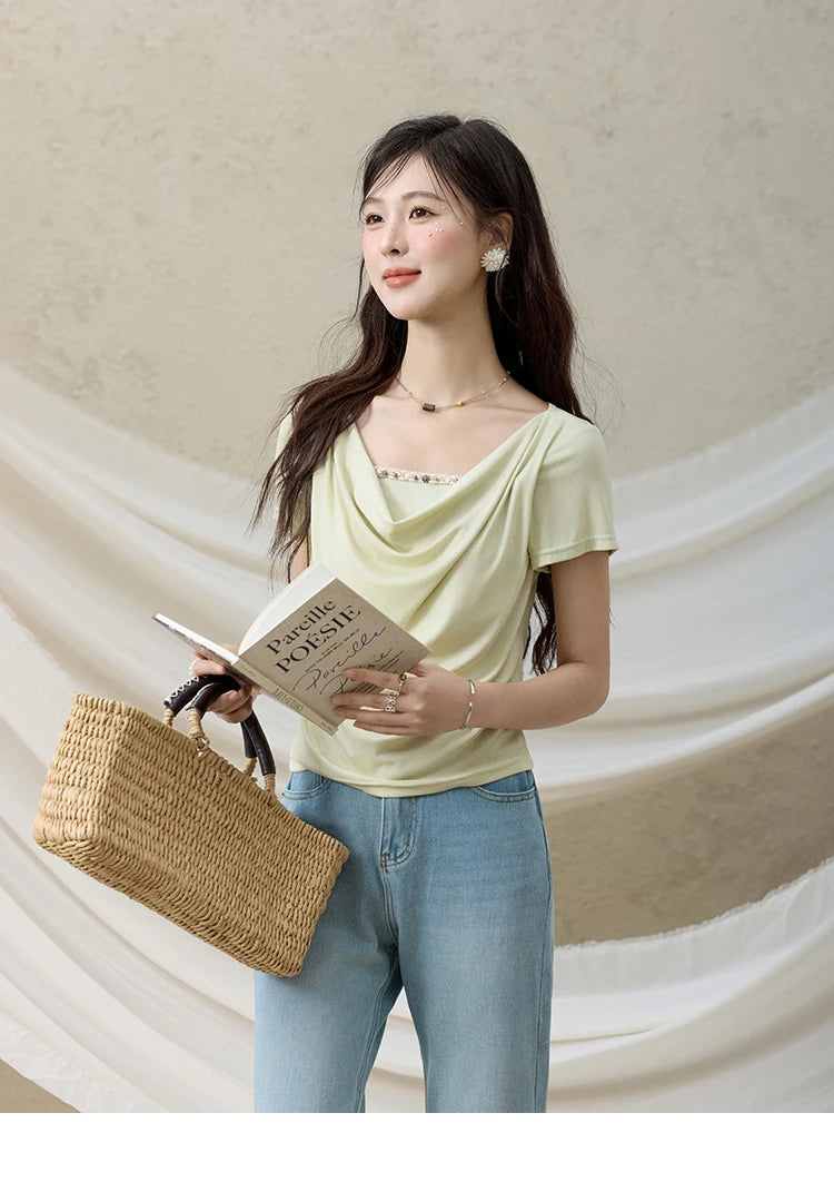 MISHOW Casual Summer Shirts Women 2025 Fashion Short Sleeve Swing Collar Solid T-shirt Female Slim Shell Ribbon Tops MXE33T0524
