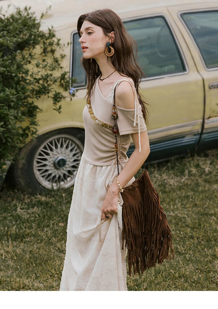 MISHOW Holiday Summer Dresses Women New 2025 Short Sleeve Off-shoulder Knitted Patchwork Midi Dress Female Slimming MXE33L2207