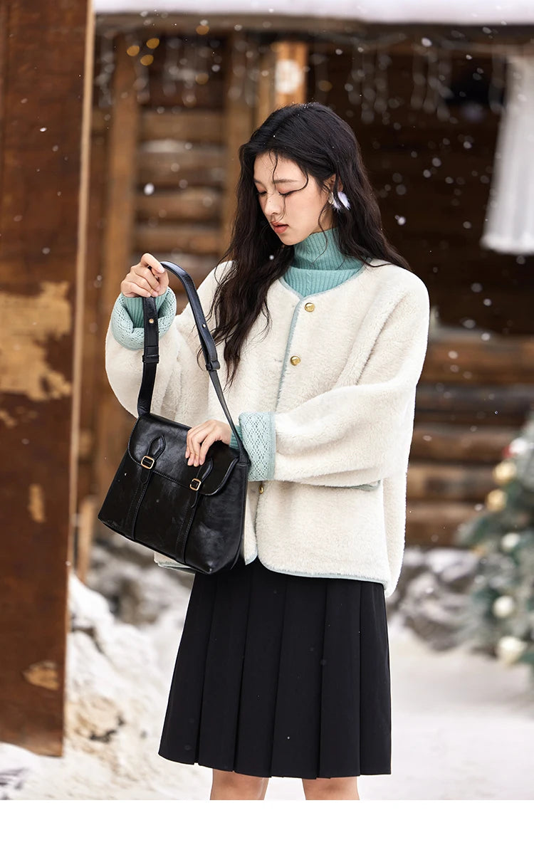 MISHOW Lamb Wool Jacket Women Cuffs Spliced Lace Metal Buttons Design Suede Plush Soft Warm Solid Leather Fur Coats MXD58W0740