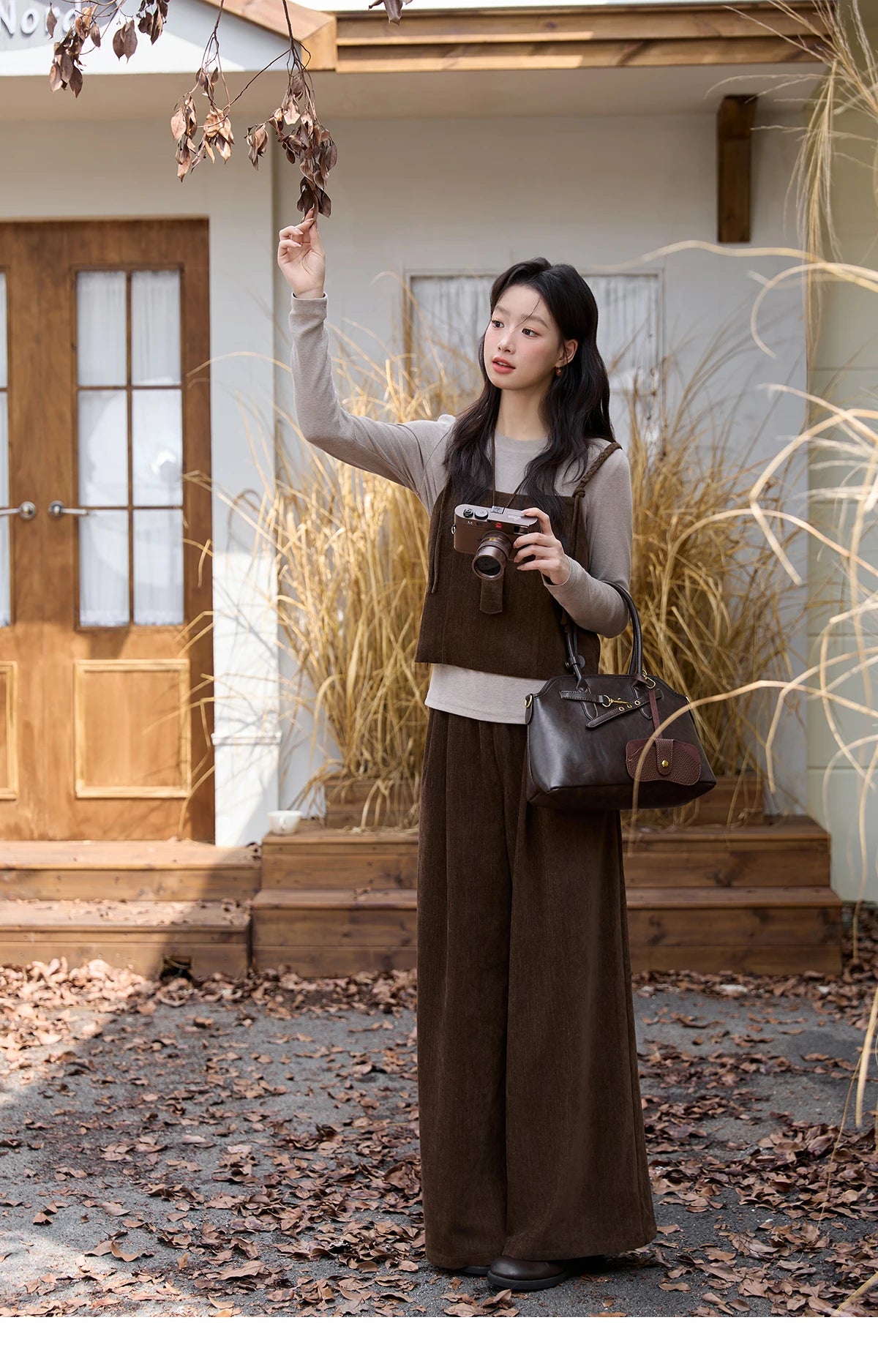 MISHOW Three-piece Suit Women 2025 Retro Brown Vest Wide-leg Pants Gray Long Sleeves Tops Autumn Women's Pants Set MXE49T1422