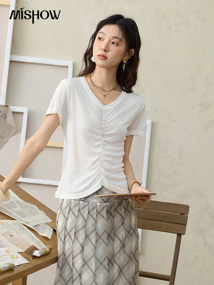 MISHOW V-neck Short Sleeve T-shirt Summer 2025 Mid Front Elastic Fold Single Row Shell Button Tees Casual Slim Tops MXE34T0560
