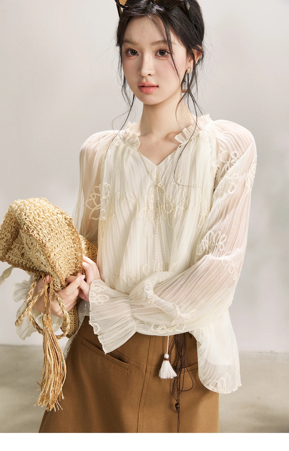 MISHOW Women's Tassel Tie Flower Embroidered Blouse 2026 Spring V-Neck Lantern Sleeves Top Casual Loose Sheer Blouses MXF13X2525