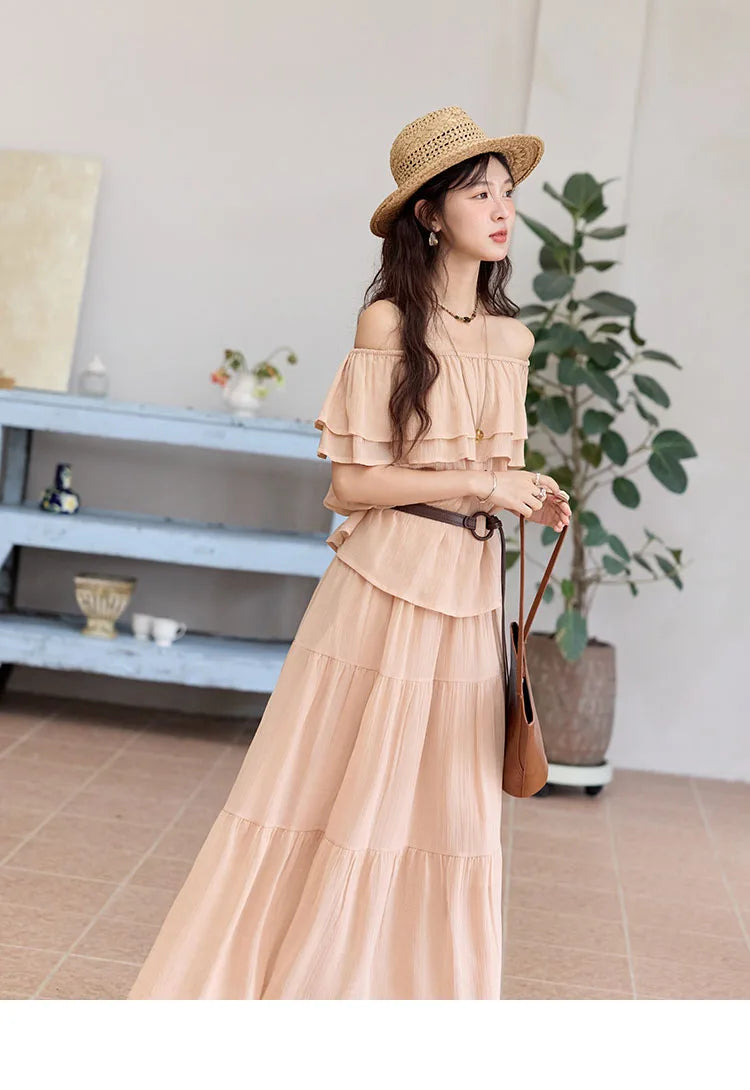 MISHOW Women Fashion Two-Piece Set 2025 Summer Loose Lotus Leaf Edge Off Shoulder Top Elastic Waist Skirt Ladies Set MXE36T0637