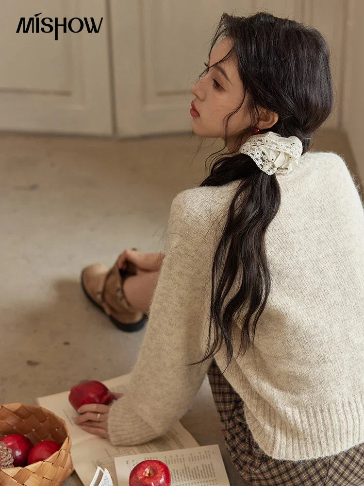 MISHOW French Beige Sweater Women Embroidered Bow Tie O-Neck Long Sleeve Top 2024 Autumn Loose Vintage Slim Outwear MXD35Z0944