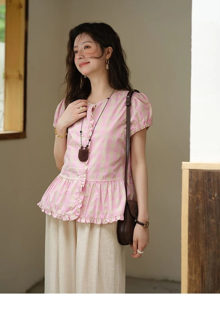 MISHOW Women's Puff Sleeve Plaid Button Shirt 2025 Summer New Fashion O-Neck Wood Ear Casual Shirt Cotton Pink Top MXE39X1932