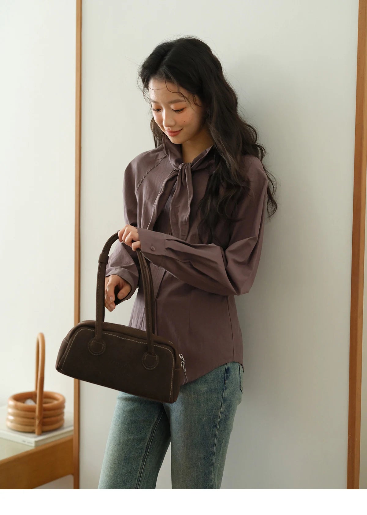 MISHOW Ash Purple Shirt Curved Hem Ribbon Neck Slim MXE42C2383