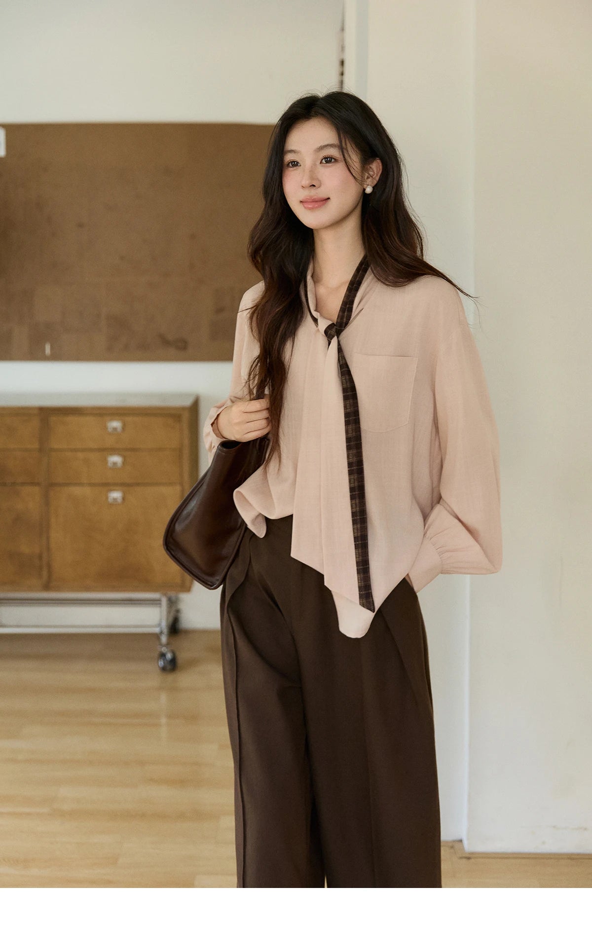 MISHOW Women's Dusty Pink Shirts Spring Plaid Tie Neck Loose Casual Shirt 100 Lyocell Lantern Sleeve Top Office Lady MXF108C0817