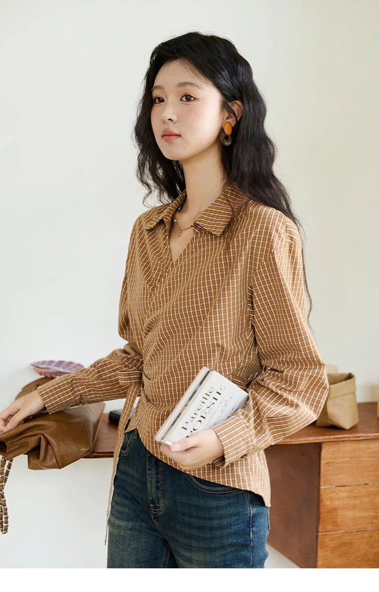 MISHOW Women's 100 Cotton Dark Orange Plaid Shirt  Autumn Design Side Waist Lace-up Long Sleeved Shirts Office Lady MXE46X2494