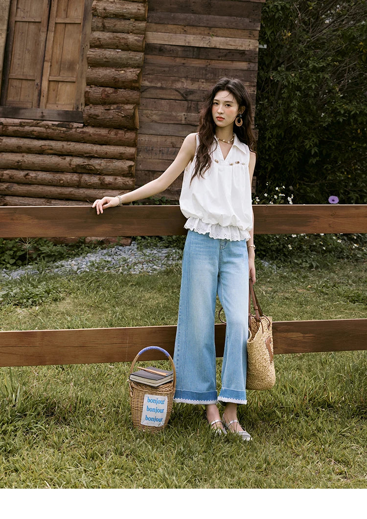 MISHOW Office Lady New Blouse Women Summer New Sleeveless Turn-down Collar Hollow Lace Shirts Female Slimming Fashion MXE31X1760