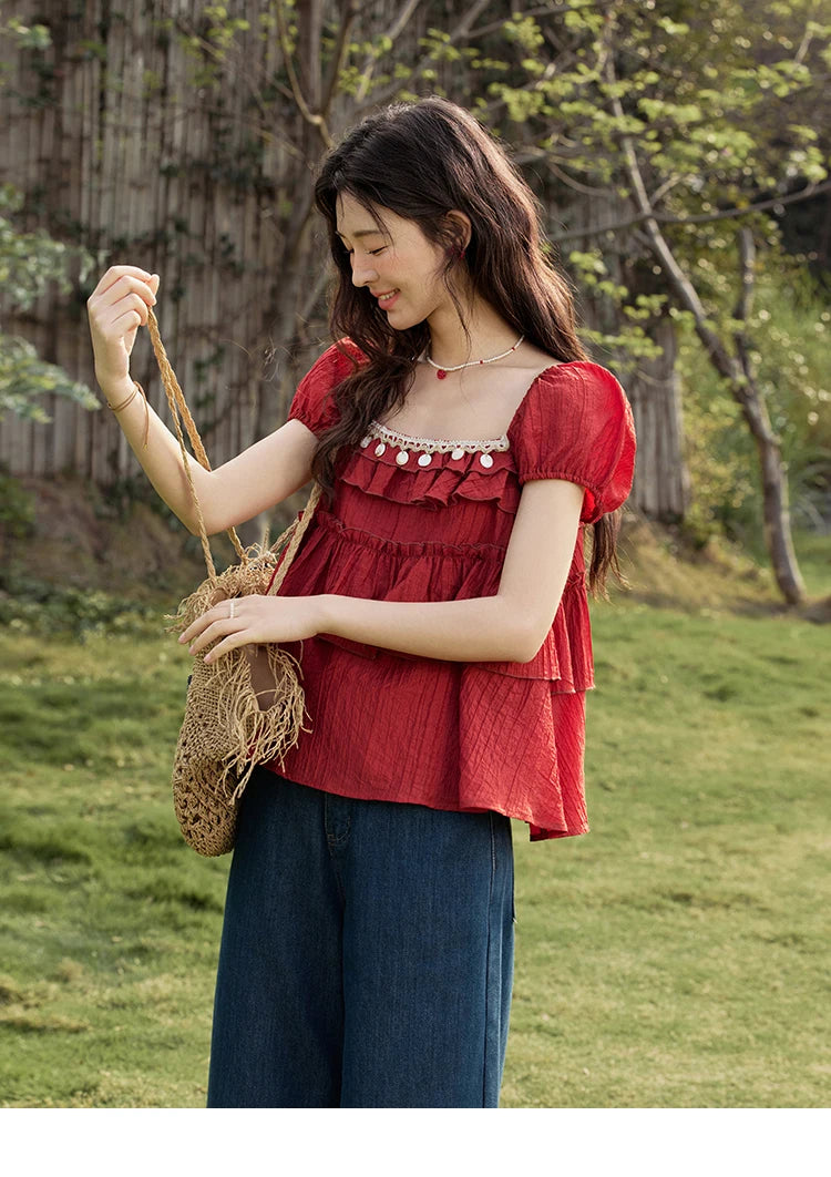 MISHOW Female Fashion Square Collar Loose Blouse 2025 Summer New Commute Puff Sleeve Tierred Top Women's Clothing MXE33X1763